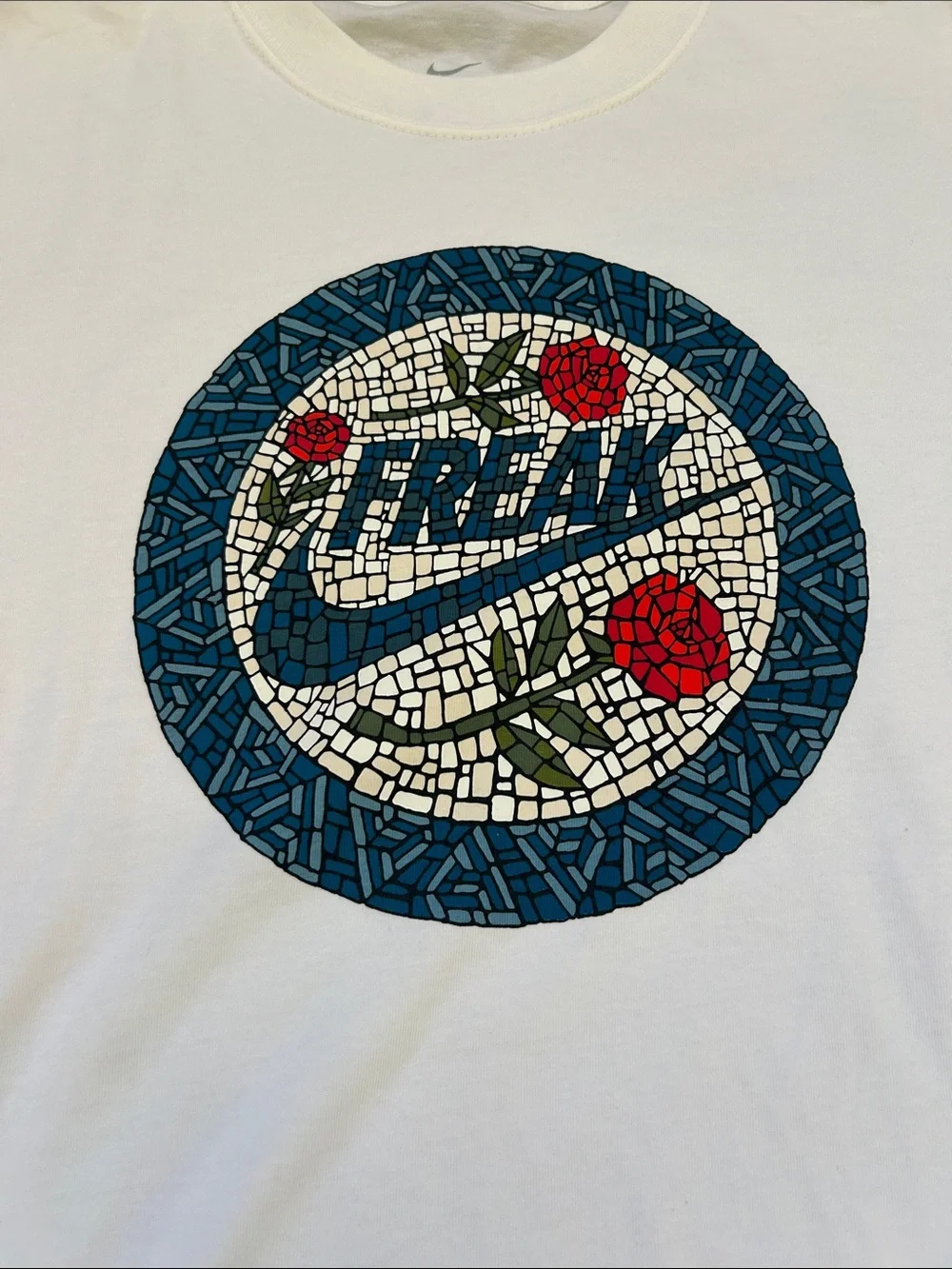Nike White Short Sleeve Tee with Blue Mosaic Logo and Red Accents